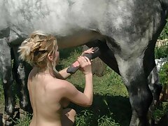 Blonde slut take huge horse cock in her wet cunt