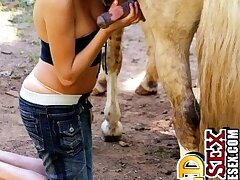 Blonde babe blowing big horse cock in her mouth